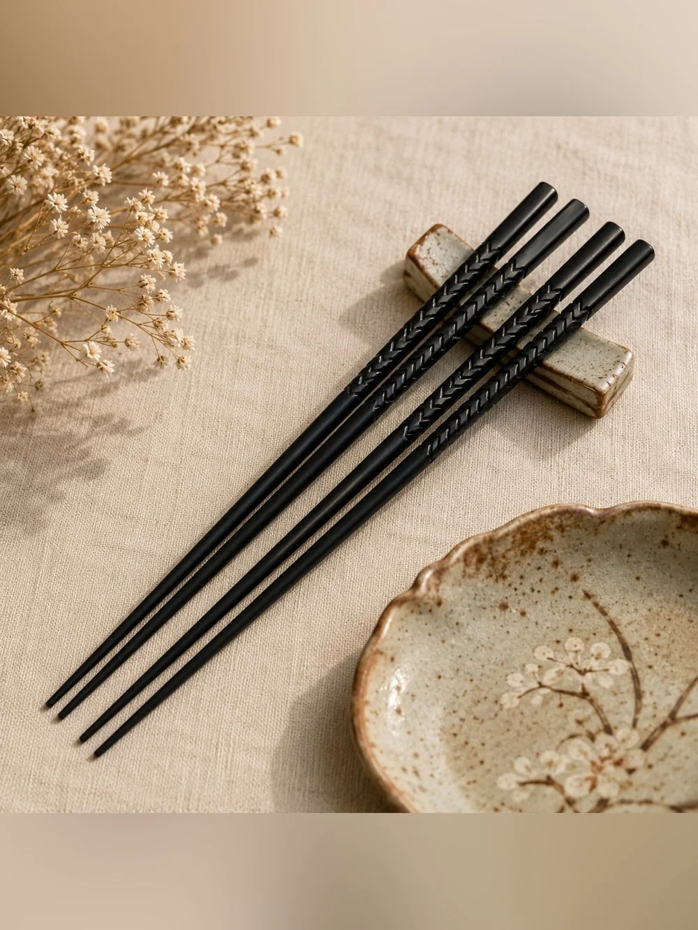 Set of 4 Black Textured Reusable Matte Acrylic New Chopsticks 10” Japanese Style